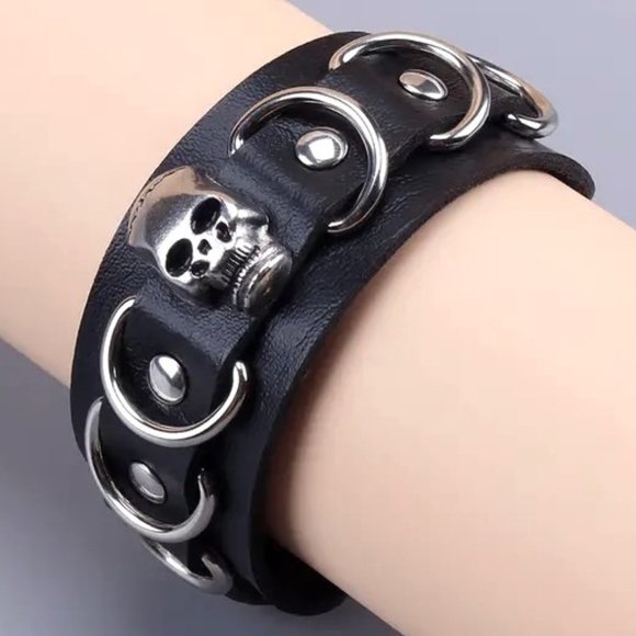 Leather Skull Cuff Bracelet Wrist Rivets Rings Bangle Punk Edgy Rock Biker Scene - Picture 3 of 4